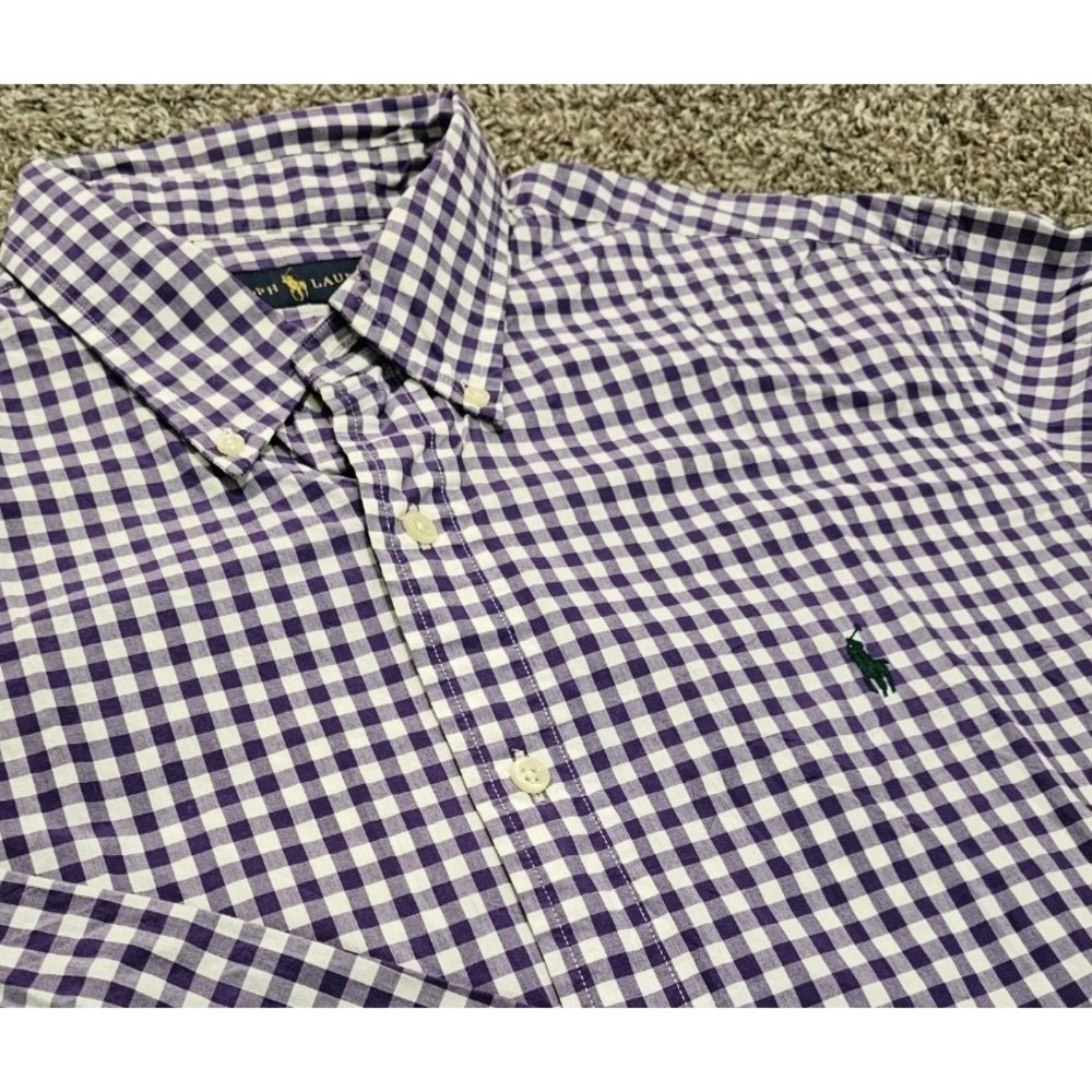 Mens Polo Ralph Lauren‎ Long Sleeve Purple White Gingham Check Large Preppy